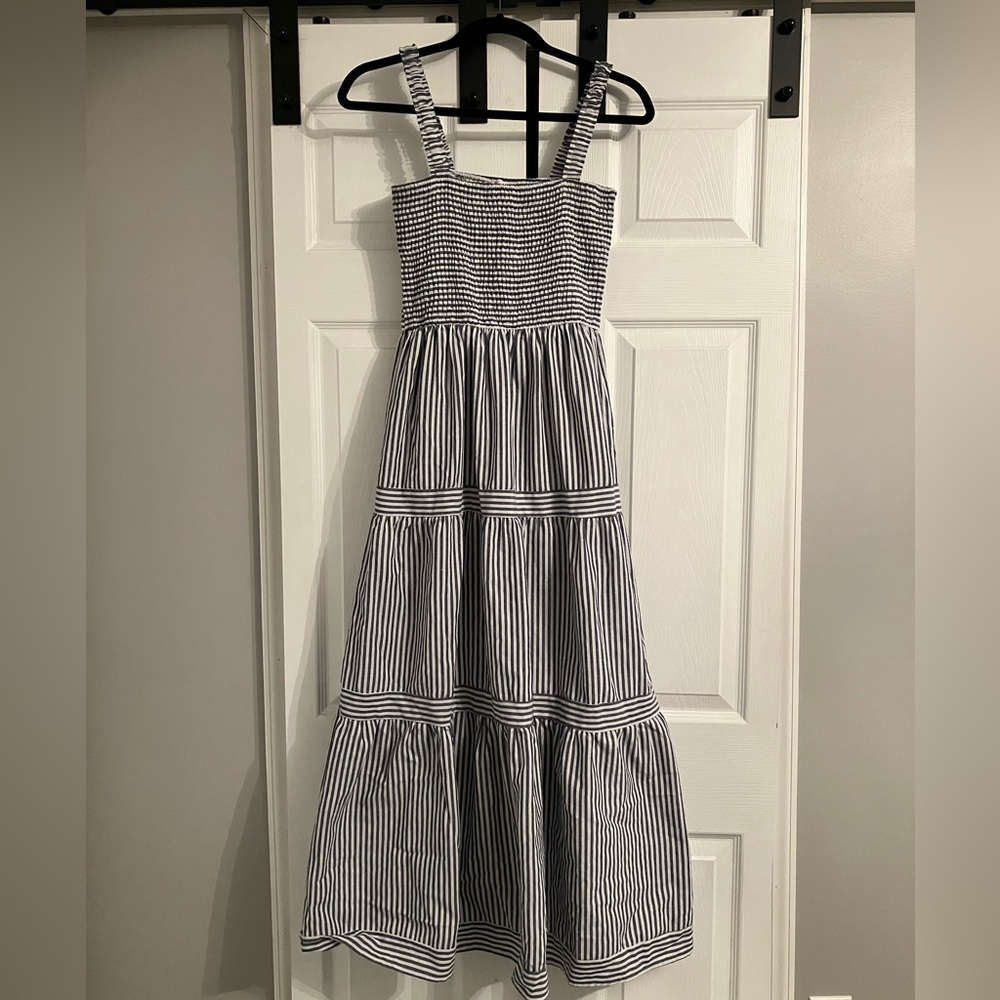 Pink Lily Navy and White Striped Tiered Midi Dress